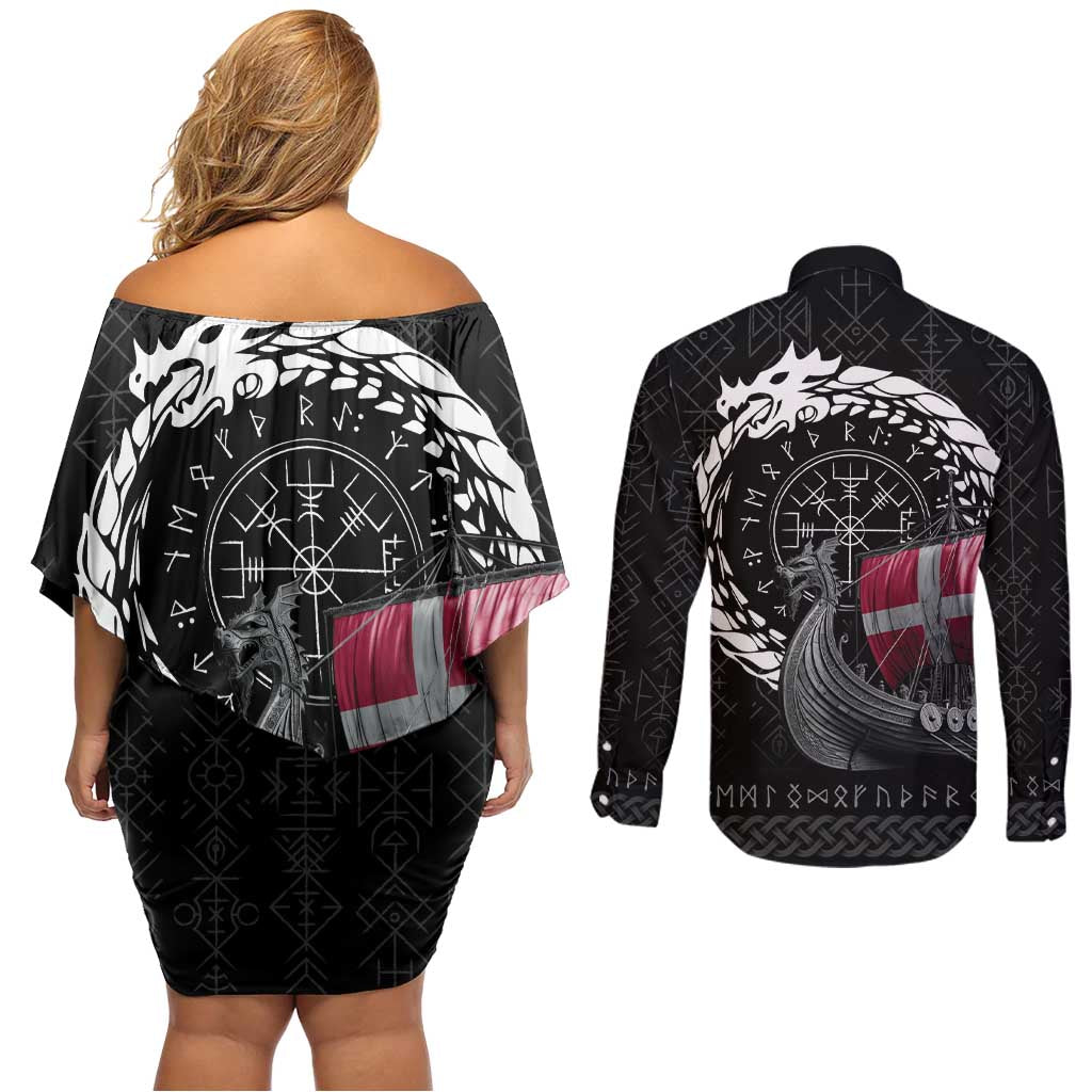 Denmark Viking Drakkar Couples Matching Off Shoulder Short Dress and Long Sleeve Button Shirt Viking Blood - Wonder Print Shop