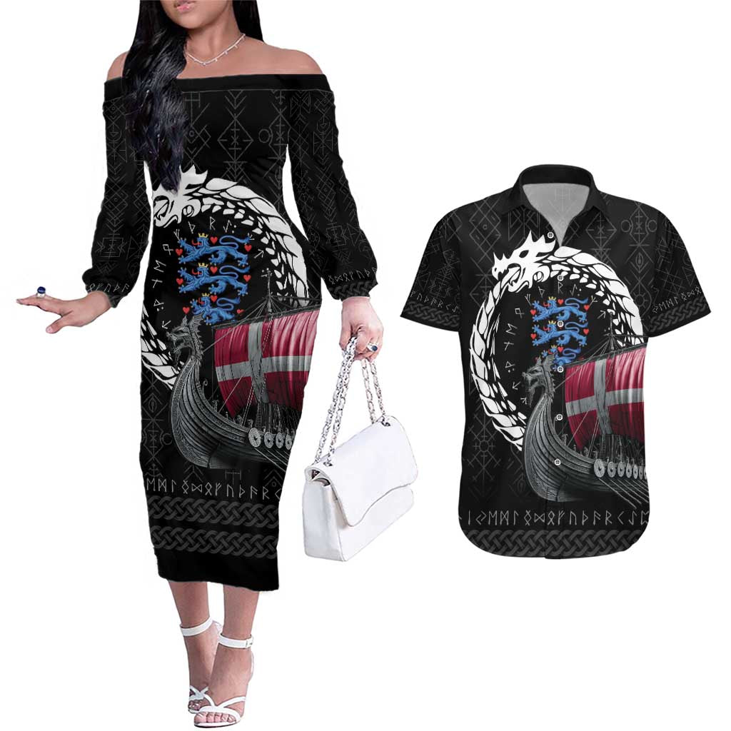Denmark Viking Drakkar Couples Matching Off The Shoulder Long Sleeve Dress and Hawaiian Shirt Viking Blood - Wonder Print Shop