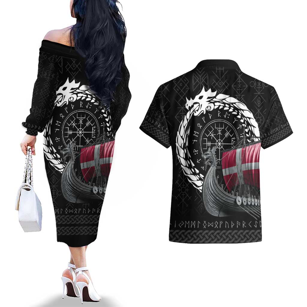 Denmark Viking Drakkar Couples Matching Off The Shoulder Long Sleeve Dress and Hawaiian Shirt Viking Blood - Wonder Print Shop