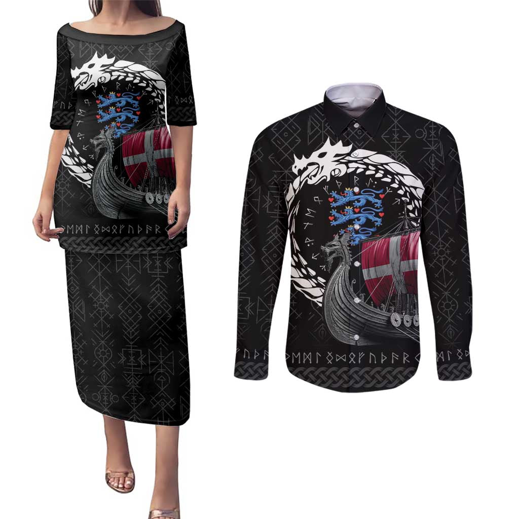 Denmark Viking Drakkar Couples Matching Puletasi and Long Sleeve Button Shirt Viking Blood - Wonder Print Shop