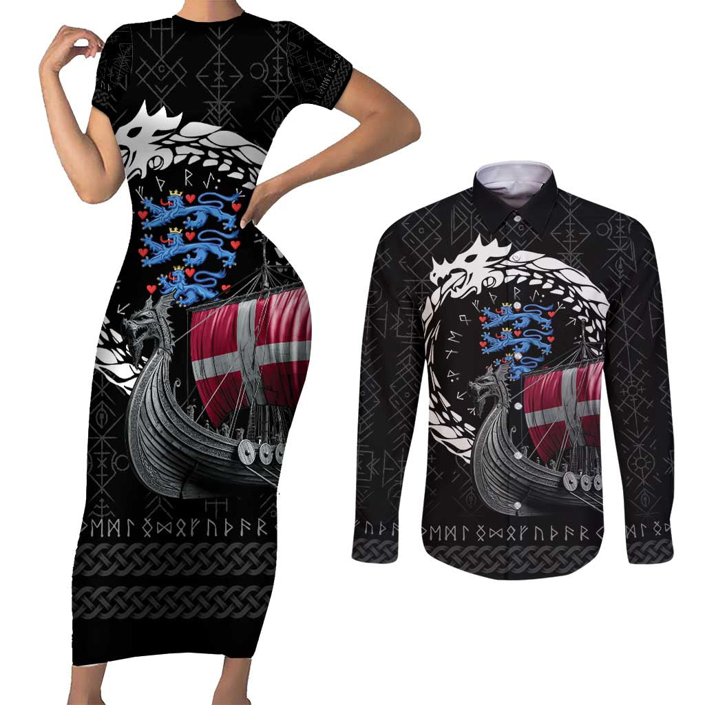 Denmark Viking Drakkar Couples Matching Short Sleeve Bodycon Dress and Long Sleeve Button Shirt Viking Blood - Wonder Print Shop