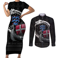 Denmark Viking Drakkar Couples Matching Short Sleeve Bodycon Dress and Long Sleeve Button Shirt Viking Blood - Wonder Print Shop