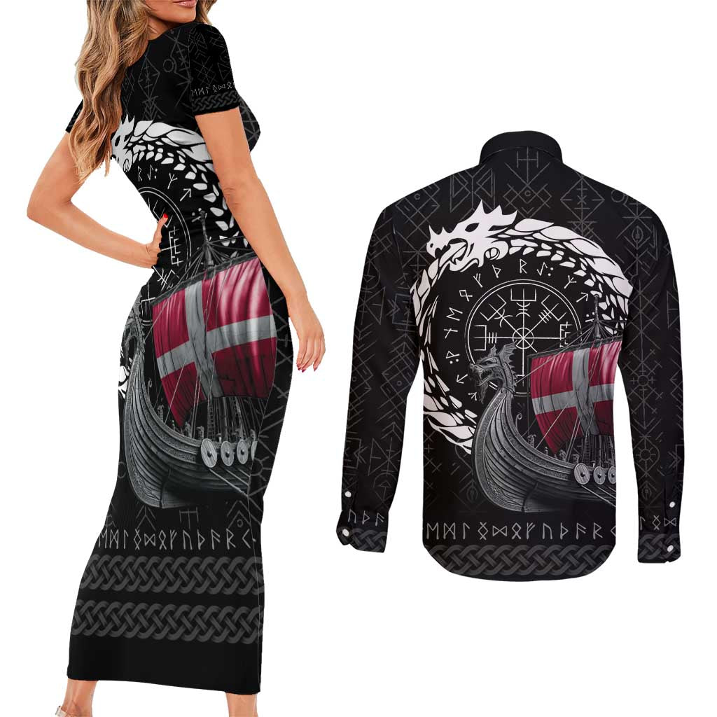 Denmark Viking Drakkar Couples Matching Short Sleeve Bodycon Dress and Long Sleeve Button Shirt Viking Blood - Wonder Print Shop