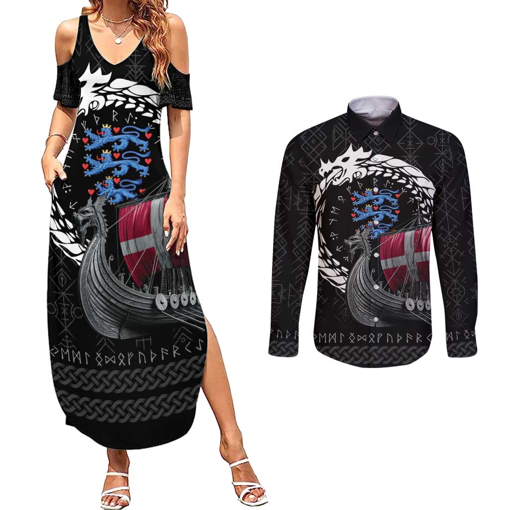 Denmark Viking Drakkar Couples Matching Summer Maxi Dress and Long Sleeve Button Shirt Viking Blood - Wonder Print Shop