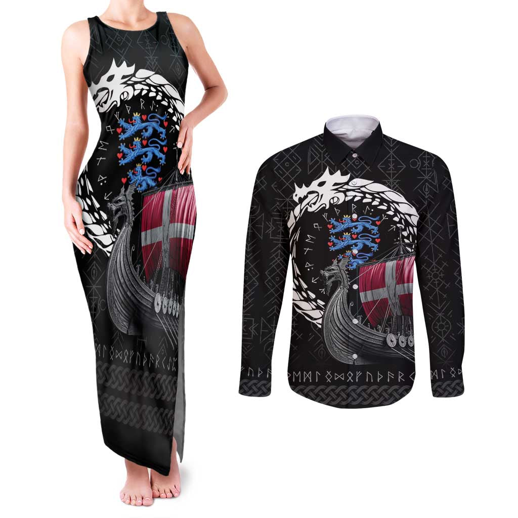 Denmark Viking Drakkar Couples Matching Tank Maxi Dress and Long Sleeve Button Shirt Viking Blood - Wonder Print Shop