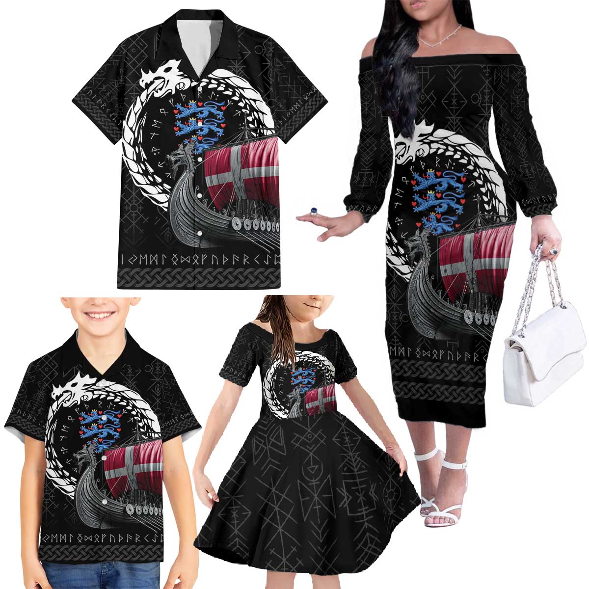 Denmark Viking Drakkar Family Matching Off The Shoulder Long Sleeve Dress and Hawaiian Shirt Viking Blood - Wonder Print Shop