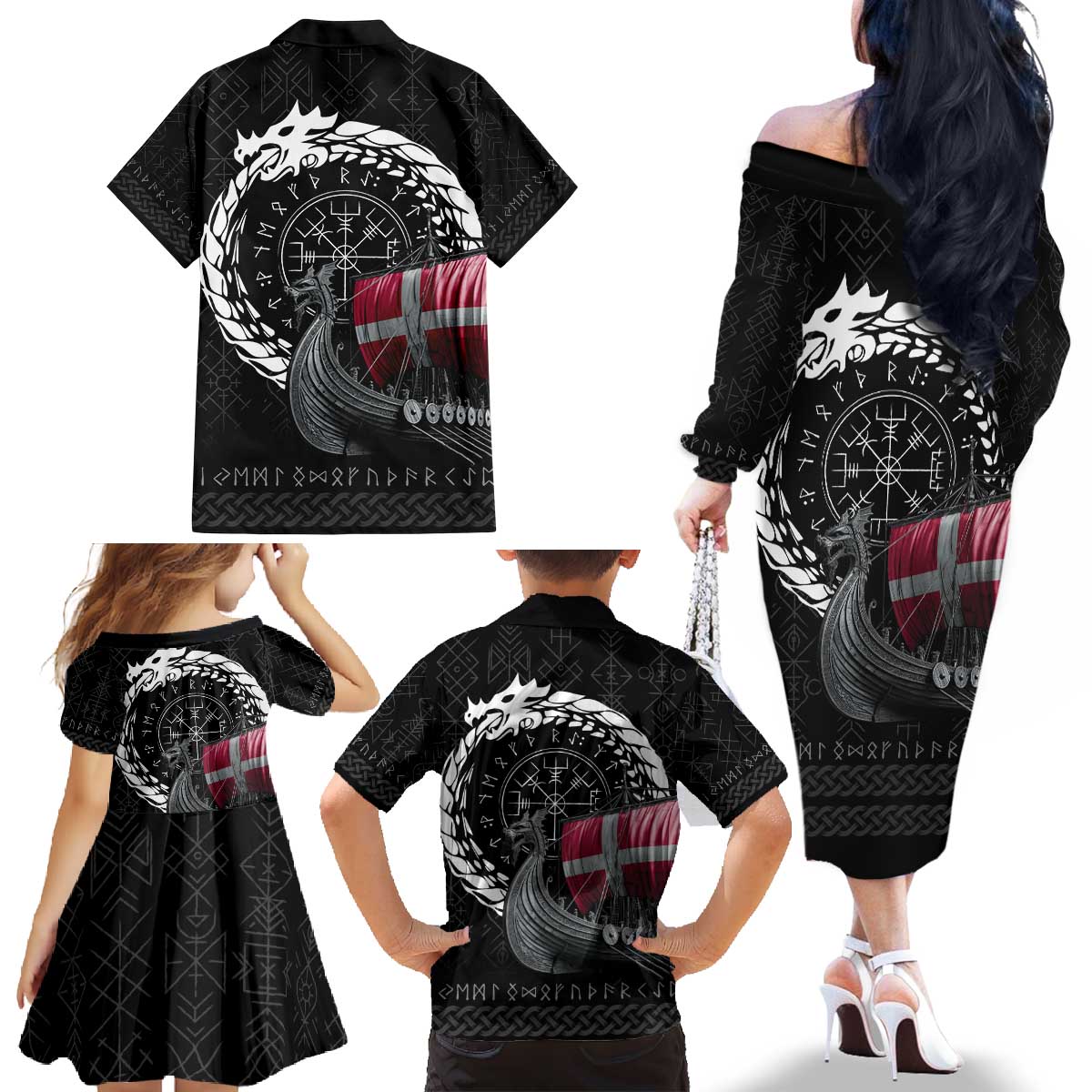 Denmark Viking Drakkar Family Matching Off The Shoulder Long Sleeve Dress and Hawaiian Shirt Viking Blood - Wonder Print Shop