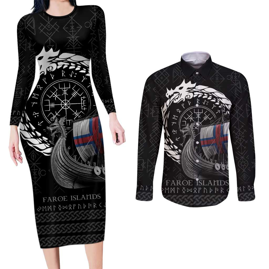 Faroe Islands Viking Drakkar Couples Matching Long Sleeve Bodycon Dress and Long Sleeve Button Shirt Viking Blood - Wonder Print Shop