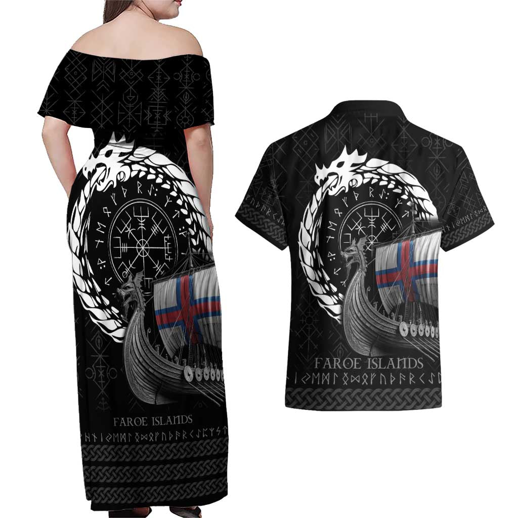 Faroe Islands Viking Drakkar Couples Matching Off Shoulder Maxi Dress and Hawaiian Shirt Viking Blood - Wonder Print Shop