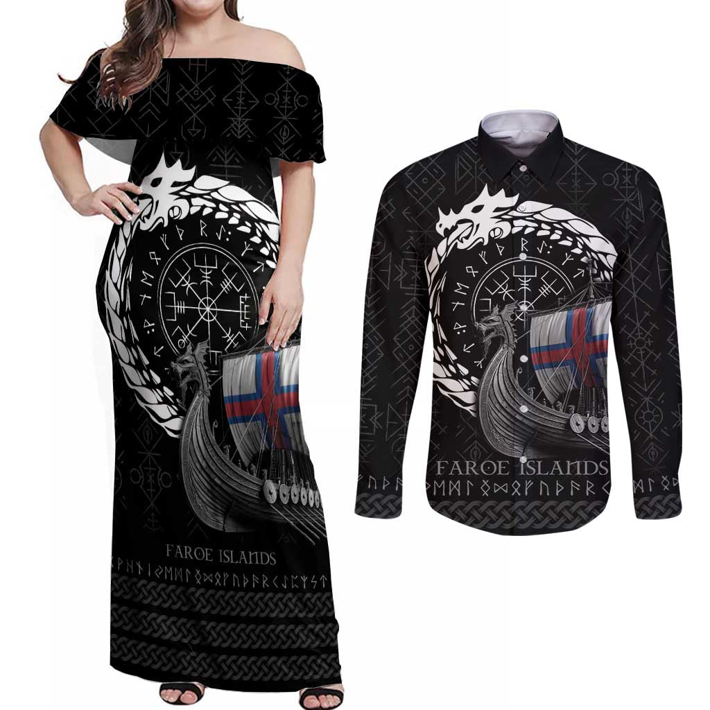Faroe Islands Viking Drakkar Couples Matching Off Shoulder Maxi Dress and Long Sleeve Button Shirt Viking Blood - Wonder Print Shop