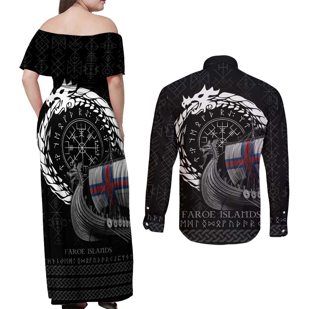 Faroe Islands Viking Drakkar Couples Matching Off Shoulder Maxi Dress and Long Sleeve Button Shirt Viking Blood - Wonder Print Shop