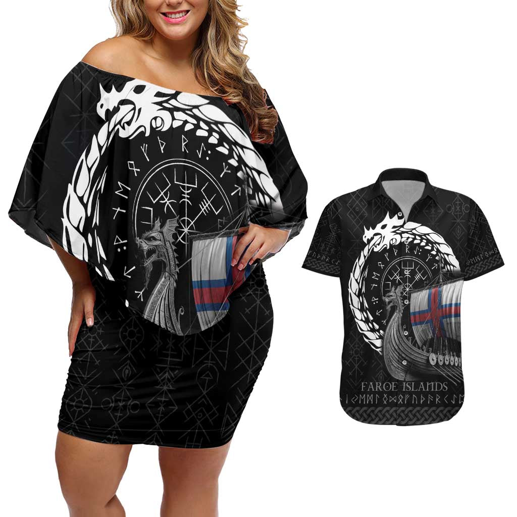 Faroe Islands Viking Drakkar Couples Matching Off Shoulder Short Dress and Hawaiian Shirt Viking Blood - Wonder Print Shop