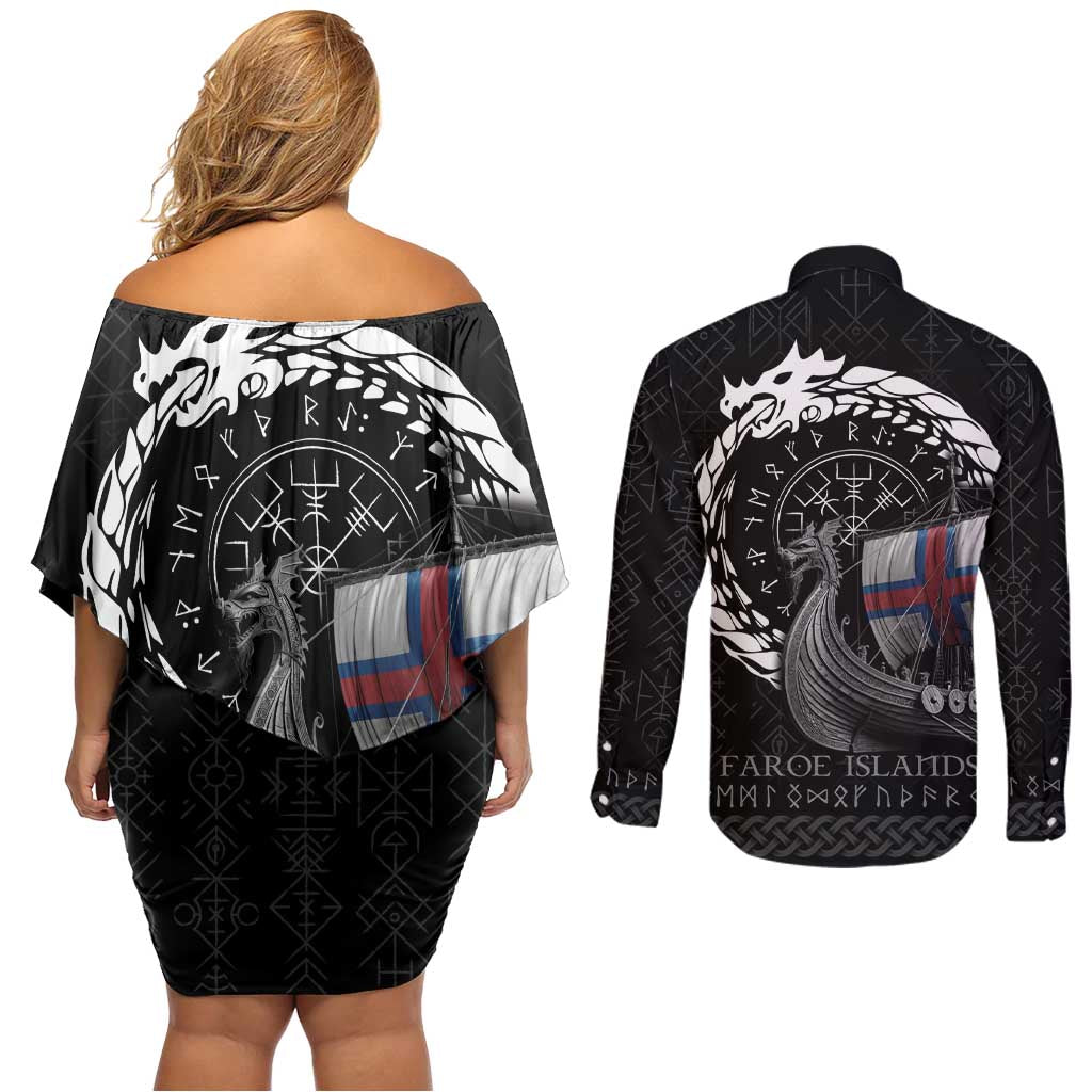 Faroe Islands Viking Drakkar Couples Matching Off Shoulder Short Dress and Long Sleeve Button Shirt Viking Blood - Wonder Print Shop