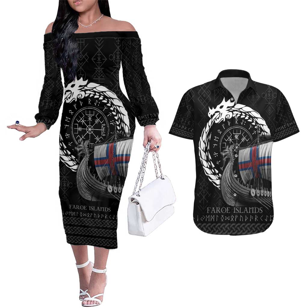 Faroe Islands Viking Drakkar Couples Matching Off The Shoulder Long Sleeve Dress and Hawaiian Shirt Viking Blood - Wonder Print Shop