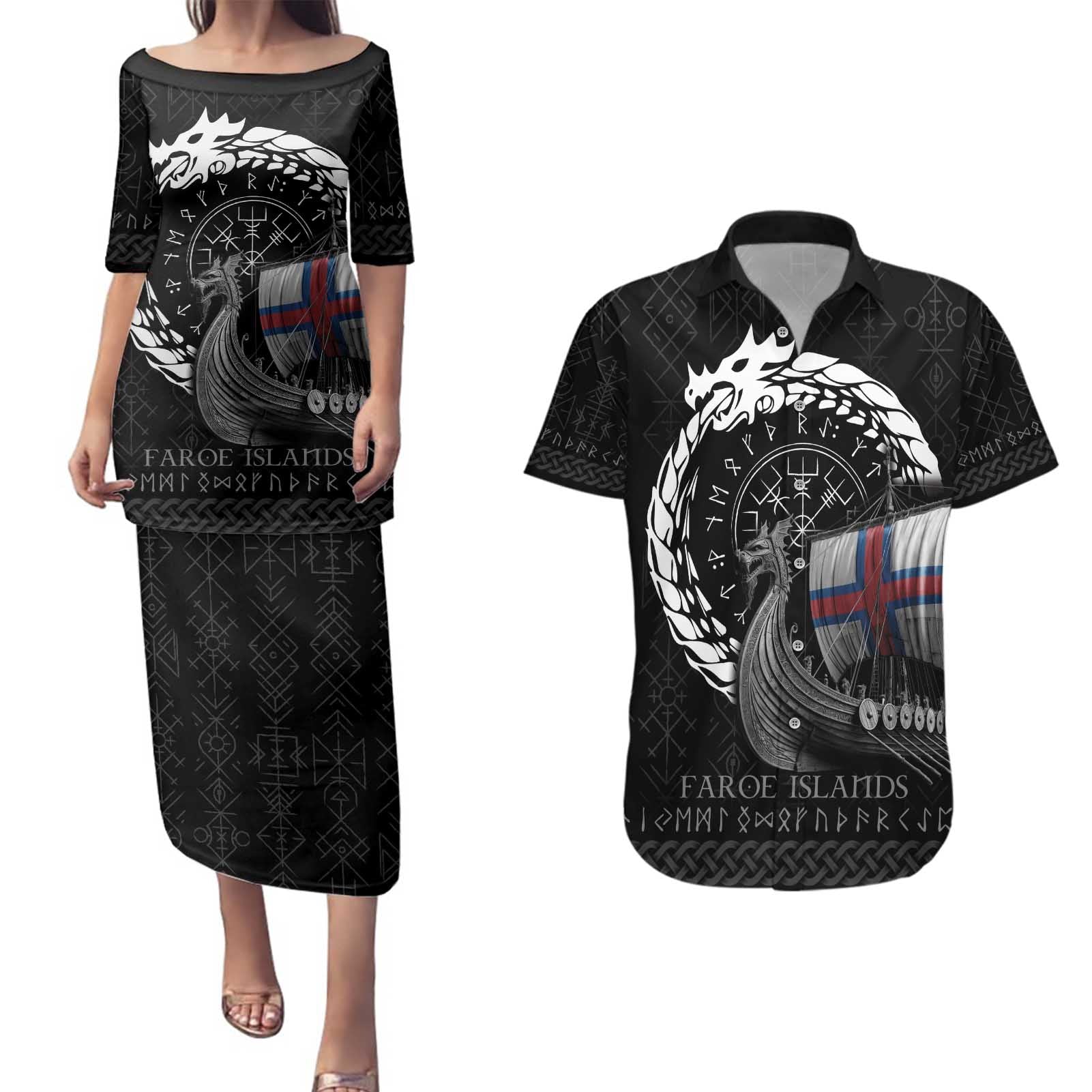 Faroe Islands Viking Drakkar Couples Matching Puletasi and Hawaiian Shirt Viking Blood - Wonder Print Shop
