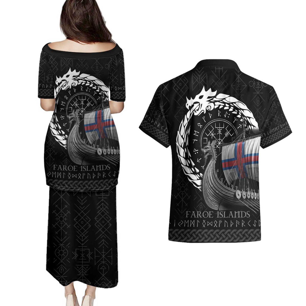 Faroe Islands Viking Drakkar Couples Matching Puletasi and Hawaiian Shirt Viking Blood - Wonder Print Shop