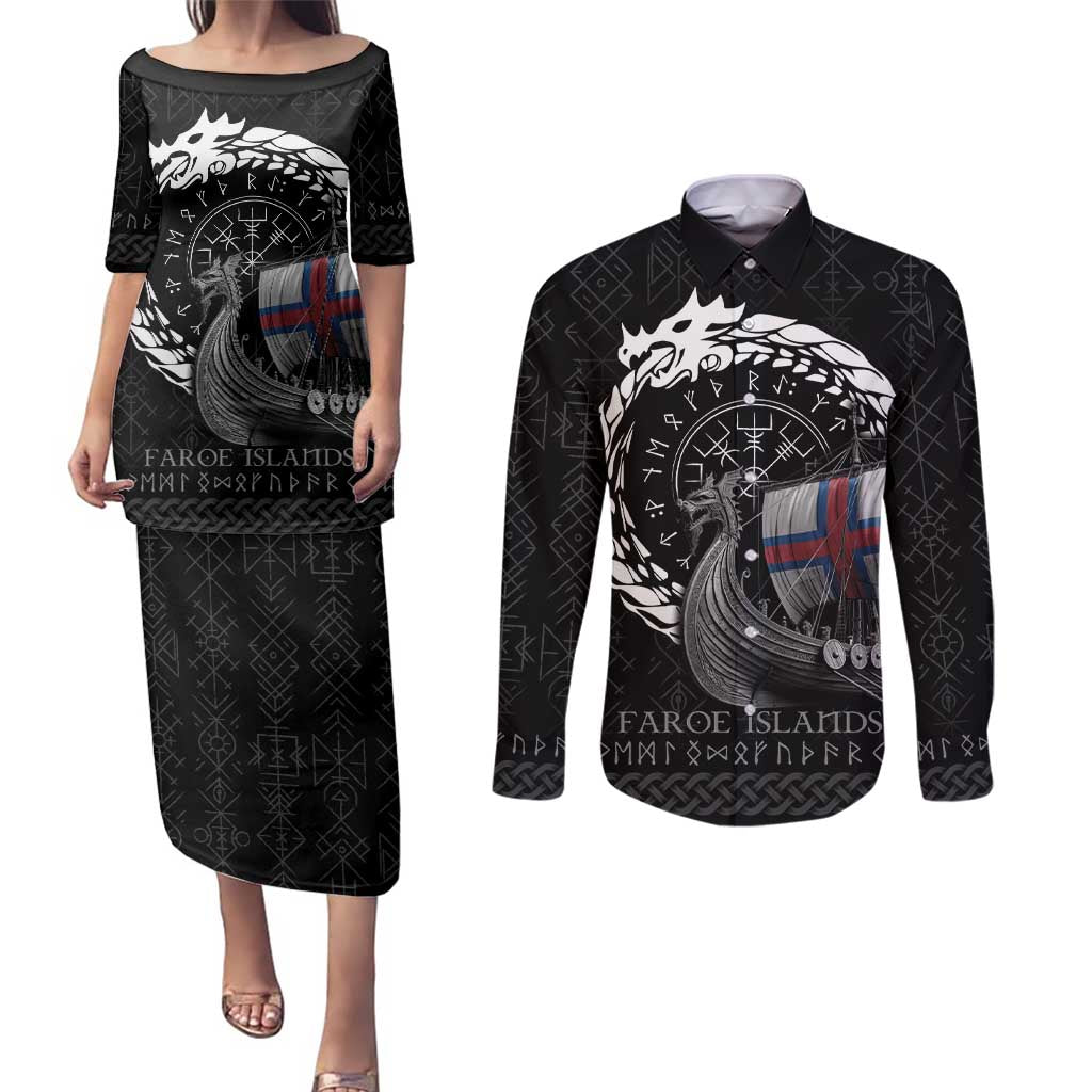Faroe Islands Viking Drakkar Couples Matching Puletasi and Long Sleeve Button Shirt Viking Blood - Wonder Print Shop