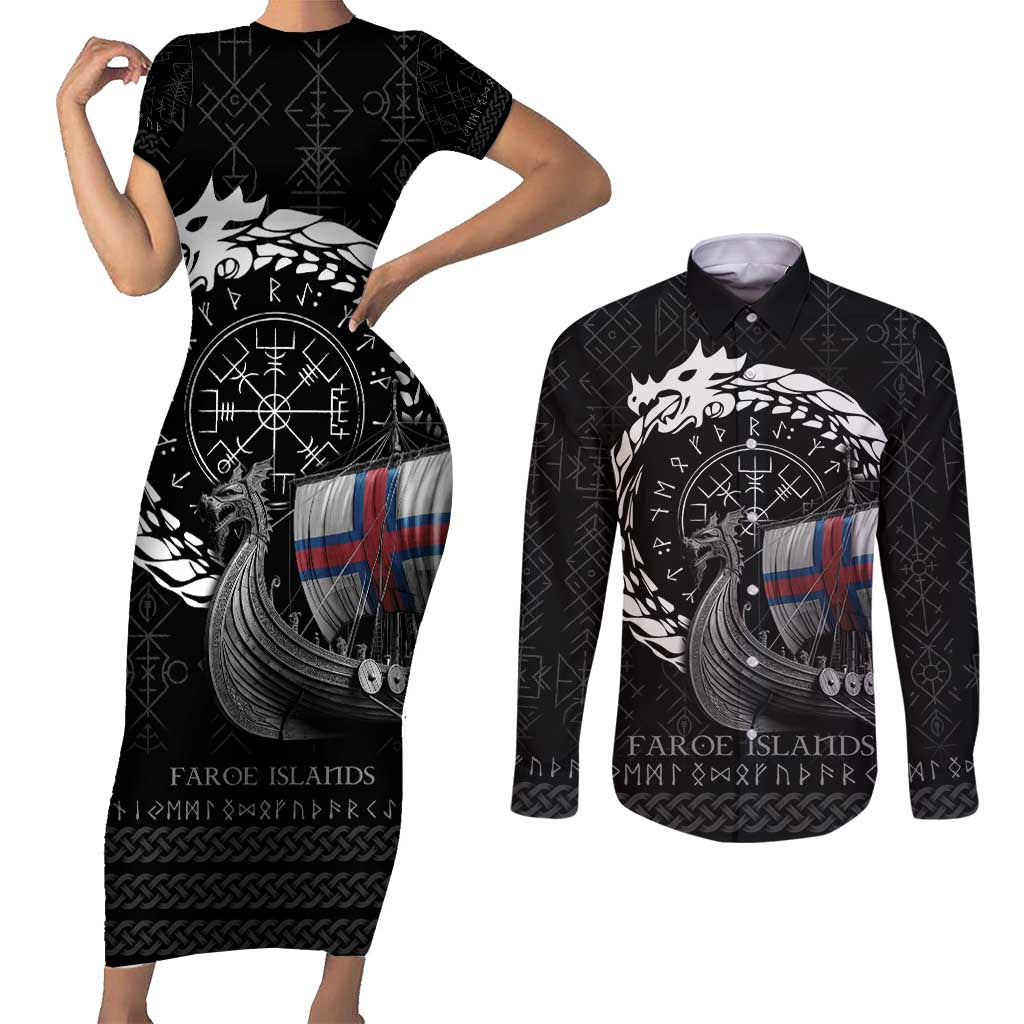 Faroe Islands Viking Drakkar Couples Matching Short Sleeve Bodycon Dress and Long Sleeve Button Shirt Viking Blood - Wonder Print Shop