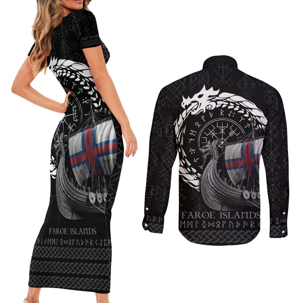 Faroe Islands Viking Drakkar Couples Matching Short Sleeve Bodycon Dress and Long Sleeve Button Shirt Viking Blood - Wonder Print Shop