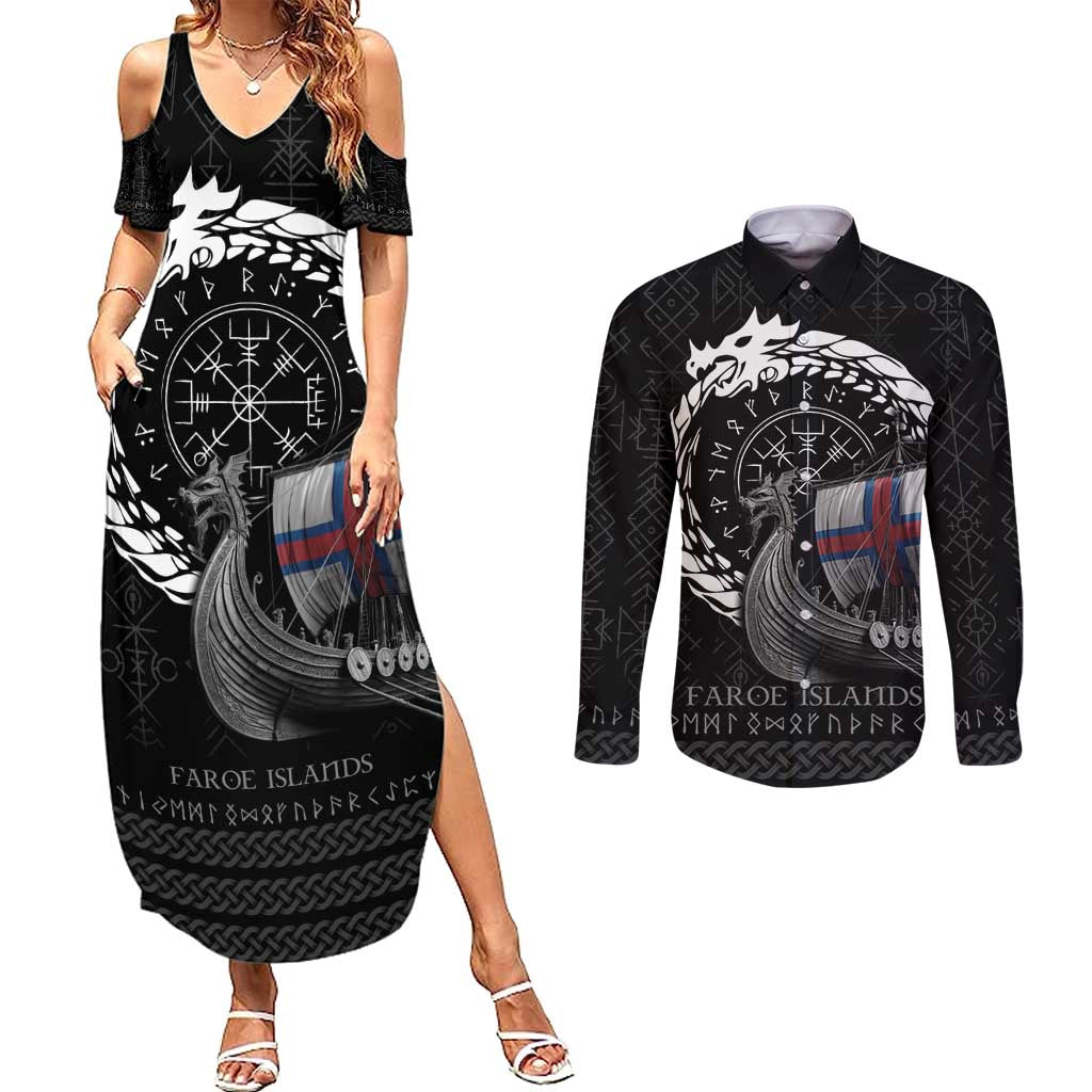 Faroe Islands Viking Drakkar Couples Matching Summer Maxi Dress and Long Sleeve Button Shirt Viking Blood - Wonder Print Shop