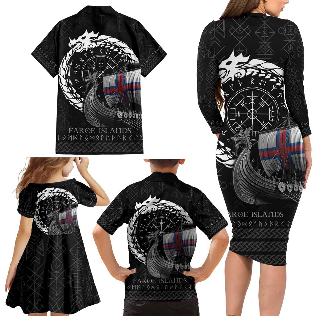 Faroe Islands Viking Drakkar Family Matching Long Sleeve Bodycon Dress and Hawaiian Shirt Viking Blood - Wonder Print Shop