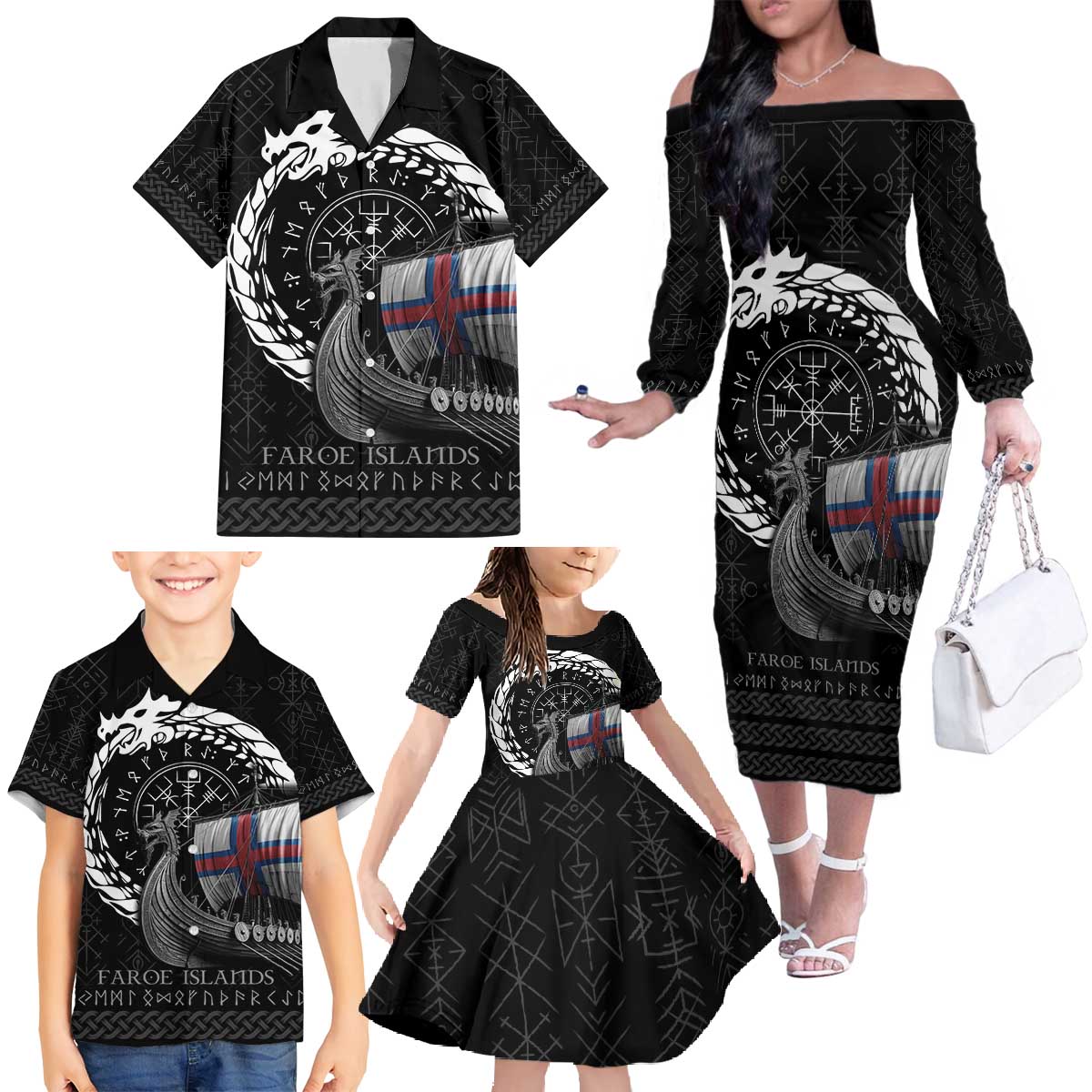 Faroe Islands Viking Drakkar Family Matching Off The Shoulder Long Sleeve Dress and Hawaiian Shirt Viking Blood - Wonder Print Shop