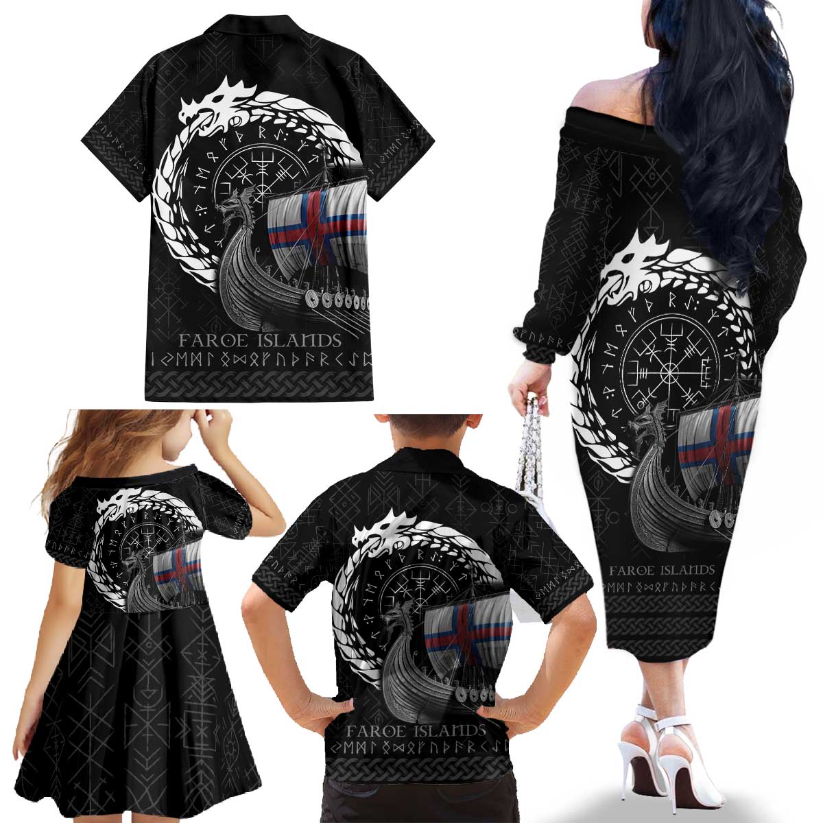 Faroe Islands Viking Drakkar Family Matching Off The Shoulder Long Sleeve Dress and Hawaiian Shirt Viking Blood - Wonder Print Shop