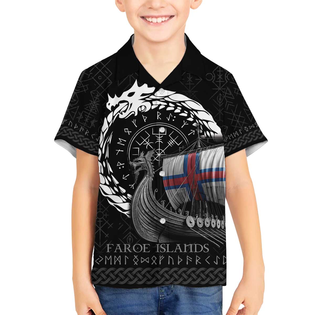 Faroe Islands Viking Drakkar Family Matching Off The Shoulder Long Sleeve Dress and Hawaiian Shirt Viking Blood - Wonder Print Shop