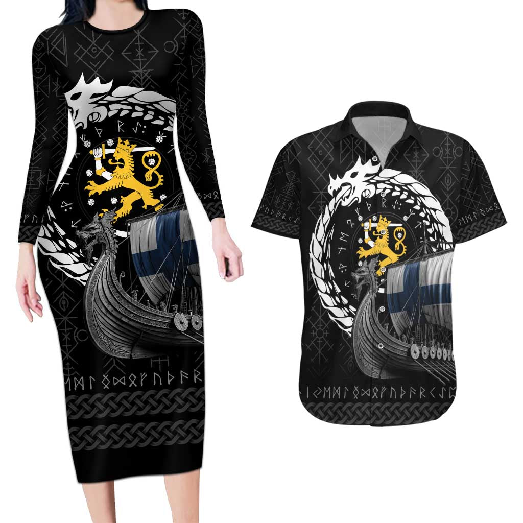 Finland Viking Drakkar Couples Matching Long Sleeve Bodycon Dress and Hawaiian Shirt Viking Blood - Wonder Print Shop