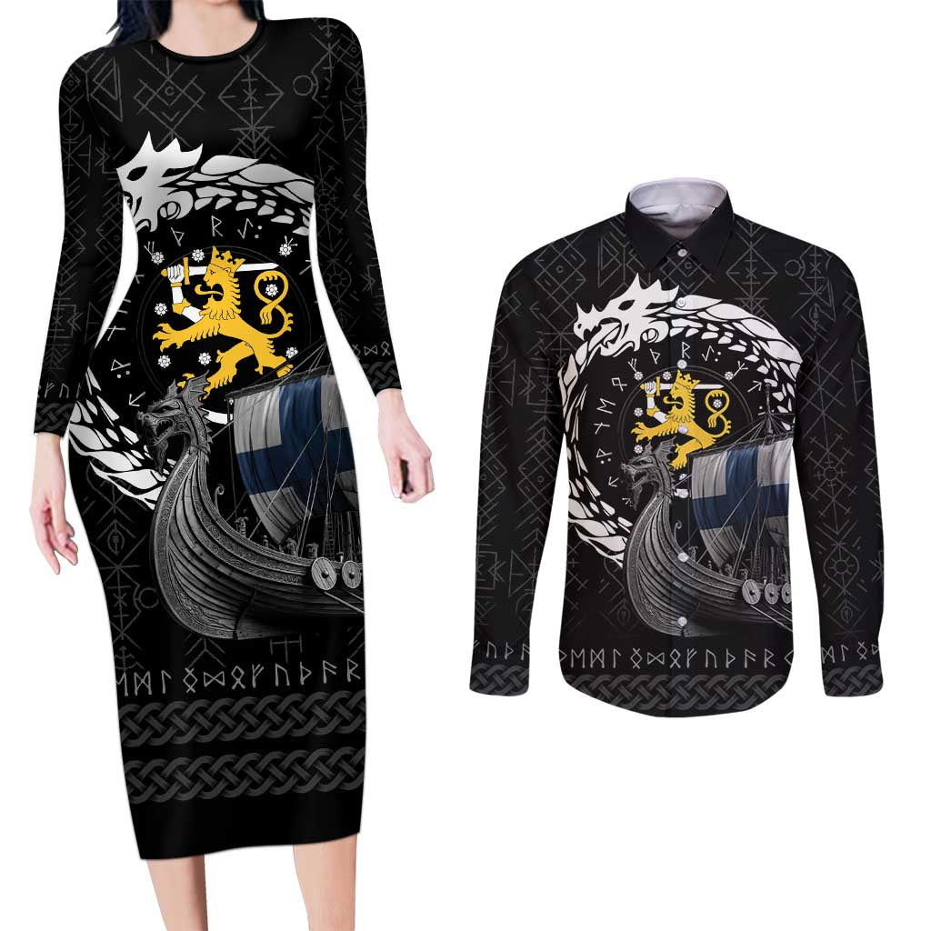 Finland Viking Drakkar Couples Matching Long Sleeve Bodycon Dress and Long Sleeve Button Shirt Viking Blood - Wonder Print Shop