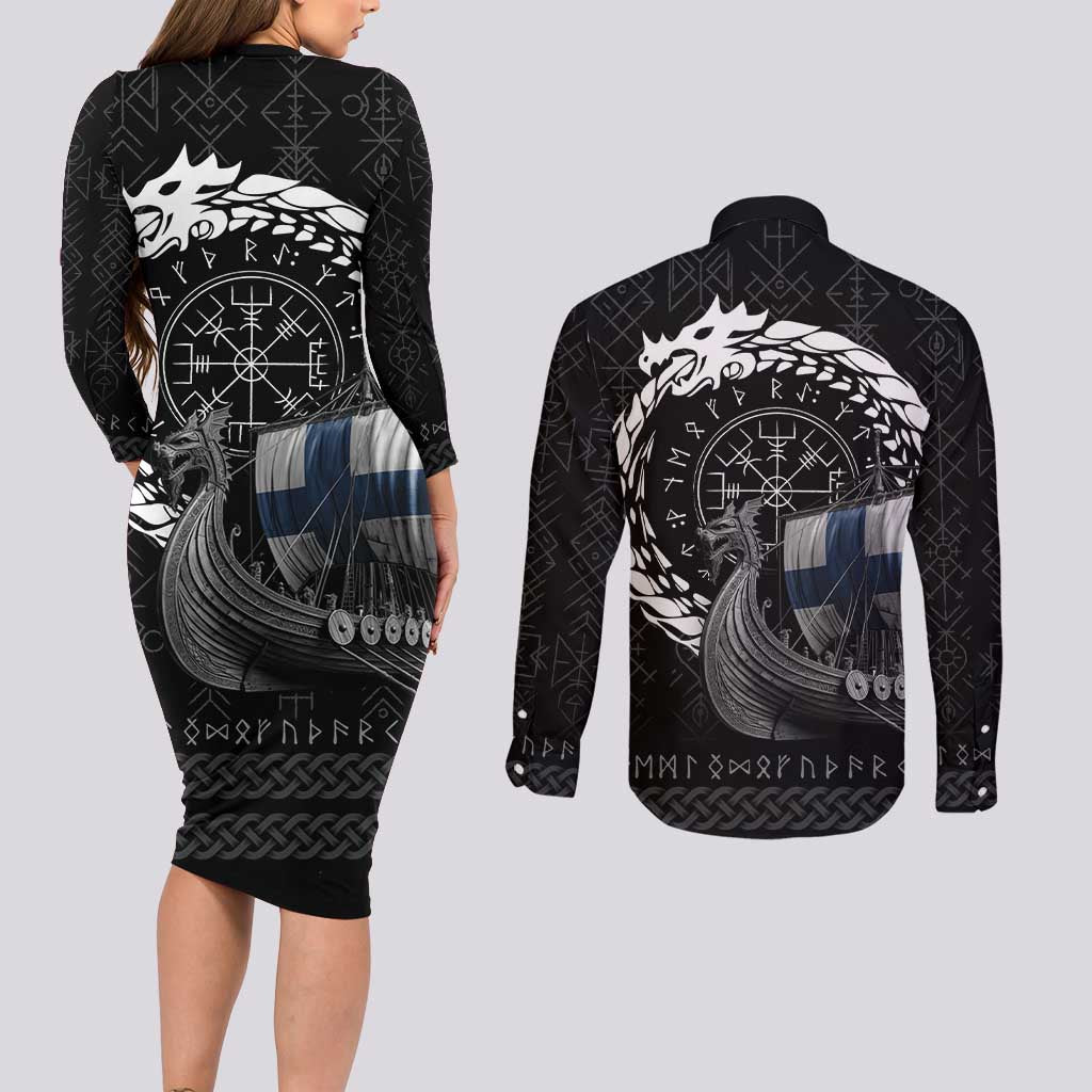 Finland Viking Drakkar Couples Matching Long Sleeve Bodycon Dress and Long Sleeve Button Shirt Viking Blood - Wonder Print Shop
