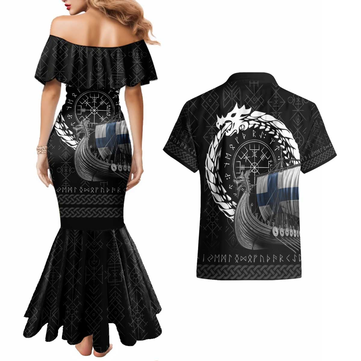 Finland Viking Drakkar Couples Matching Mermaid Dress and Hawaiian Shirt Viking Blood - Wonder Print Shop