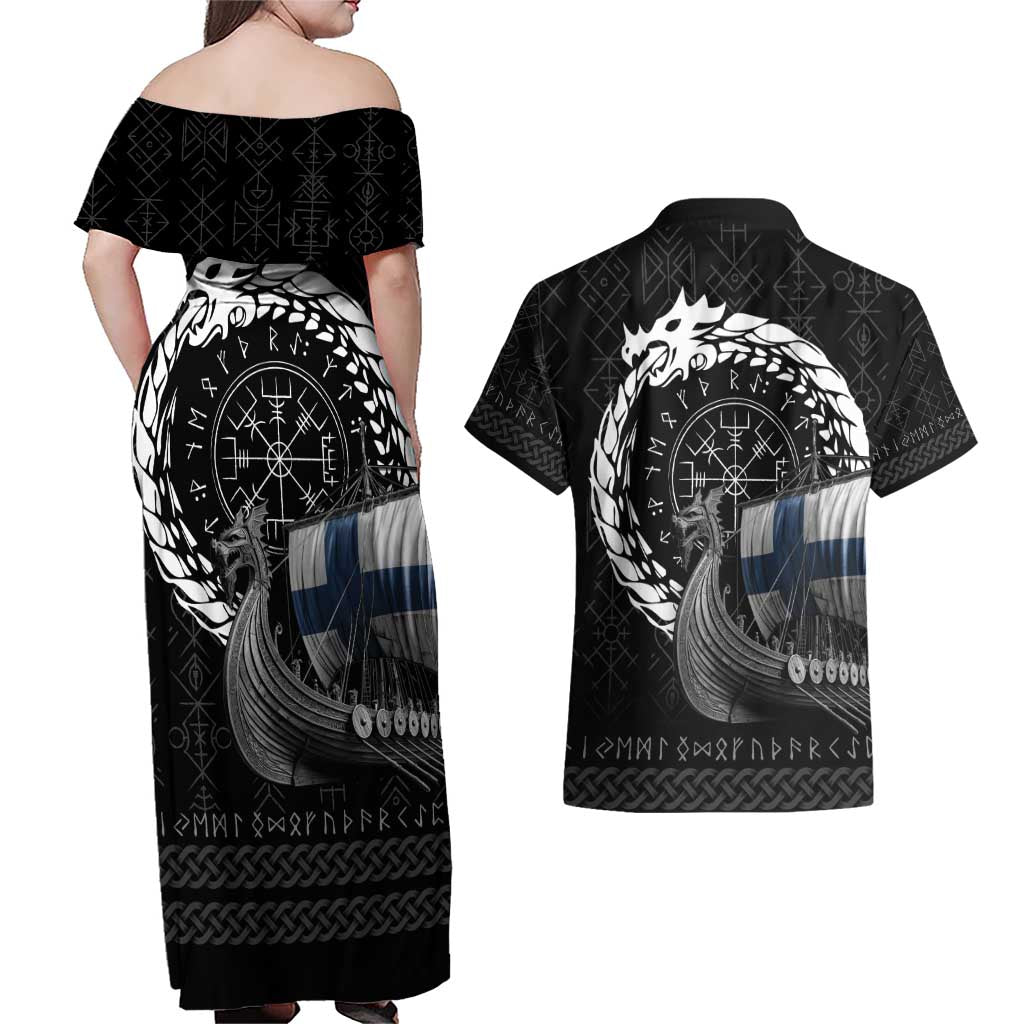 Finland Viking Drakkar Couples Matching Off Shoulder Maxi Dress and Hawaiian Shirt Viking Blood - Wonder Print Shop
