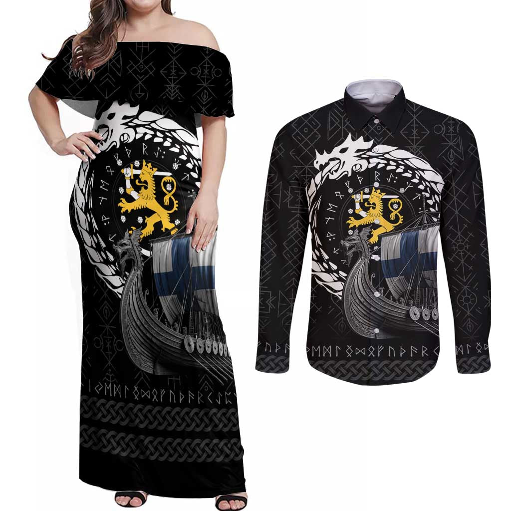 Finland Viking Drakkar Couples Matching Off Shoulder Maxi Dress and Long Sleeve Button Shirt Viking Blood - Wonder Print Shop