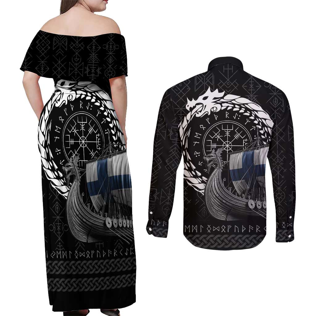 Finland Viking Drakkar Couples Matching Off Shoulder Maxi Dress and Long Sleeve Button Shirt Viking Blood - Wonder Print Shop