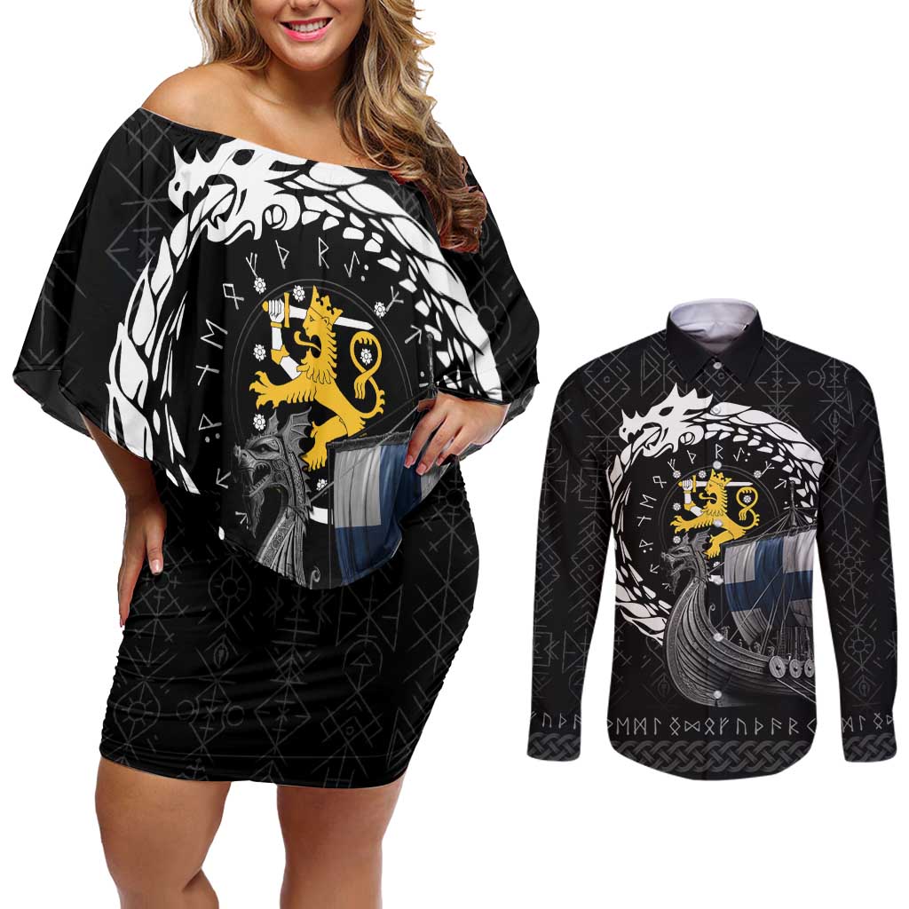 Finland Viking Drakkar Couples Matching Off Shoulder Short Dress and Long Sleeve Button Shirt Viking Blood - Wonder Print Shop