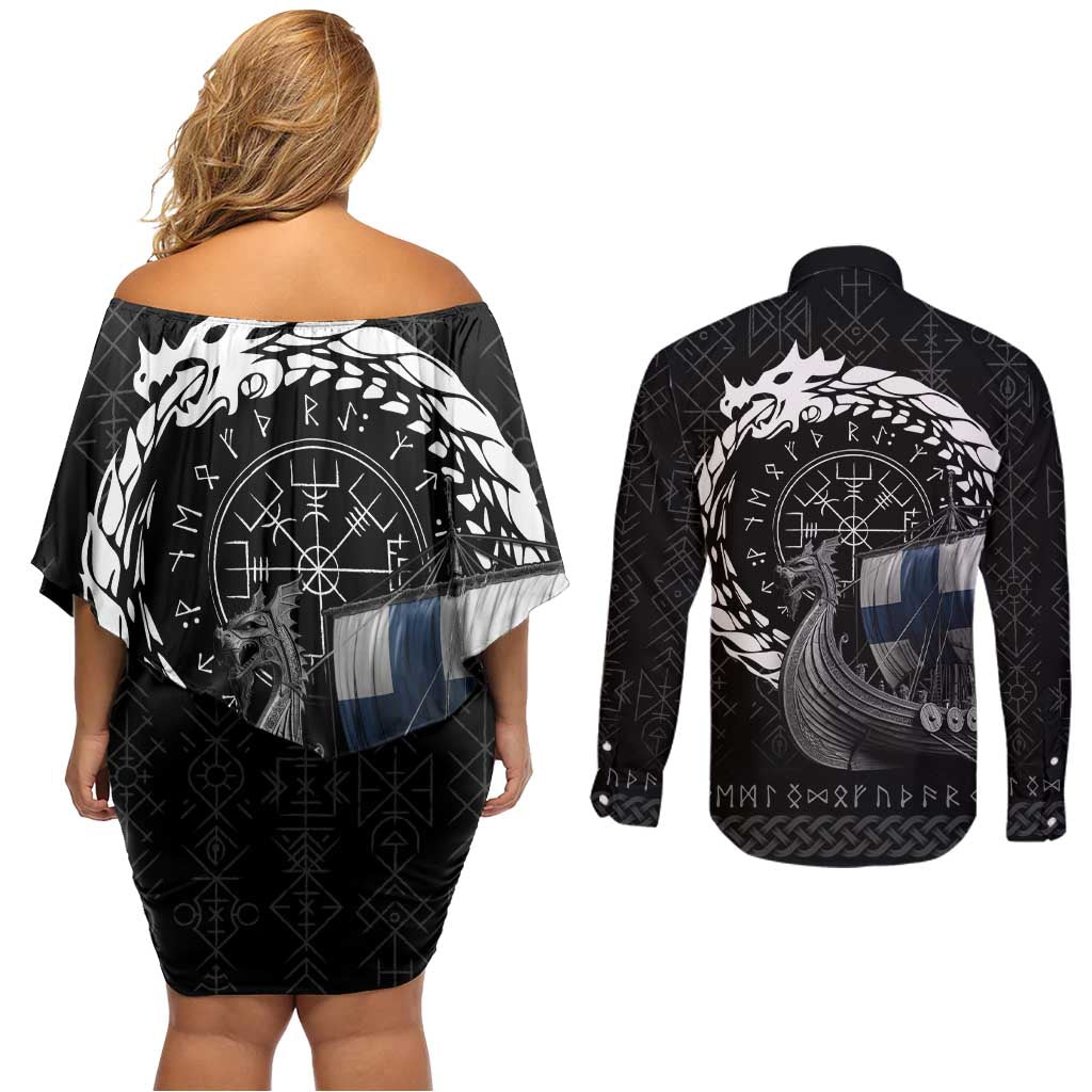 Finland Viking Drakkar Couples Matching Off Shoulder Short Dress and Long Sleeve Button Shirt Viking Blood - Wonder Print Shop