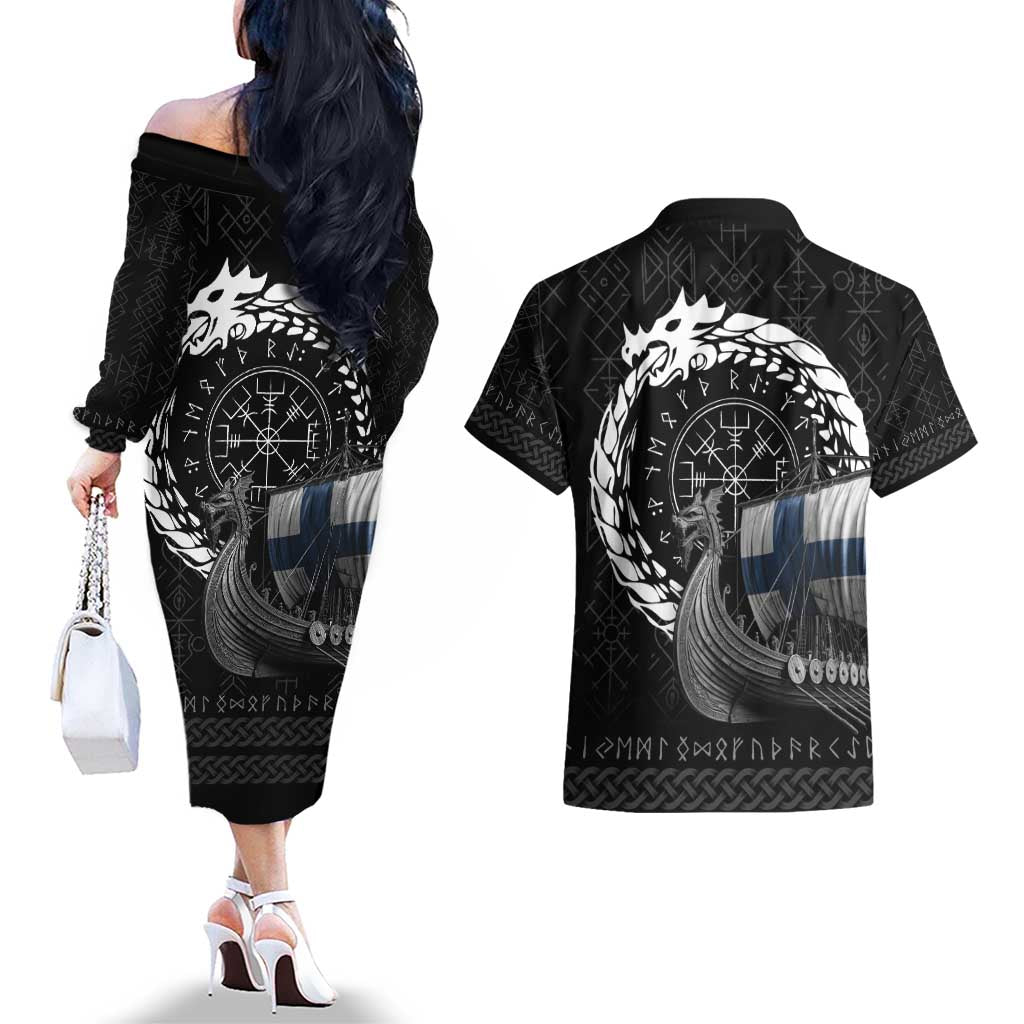 Finland Viking Drakkar Couples Matching Off The Shoulder Long Sleeve Dress and Hawaiian Shirt Viking Blood - Wonder Print Shop