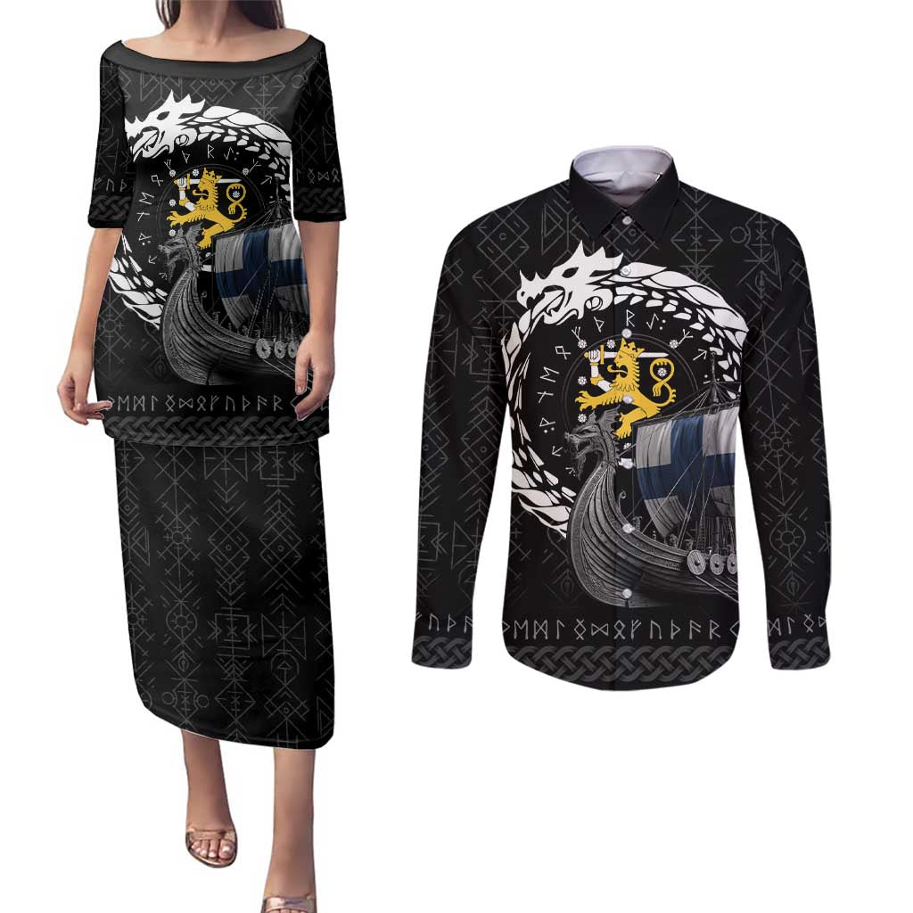 Finland Viking Drakkar Couples Matching Puletasi and Long Sleeve Button Shirt Viking Blood - Wonder Print Shop