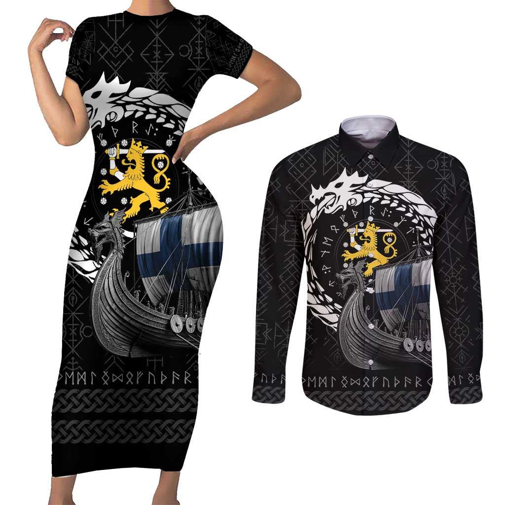 Finland Viking Drakkar Couples Matching Short Sleeve Bodycon Dress and Long Sleeve Button Shirt Viking Blood - Wonder Print Shop