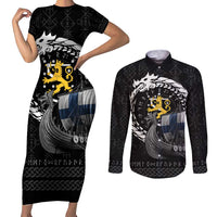 Finland Viking Drakkar Couples Matching Short Sleeve Bodycon Dress and Long Sleeve Button Shirt Viking Blood - Wonder Print Shop