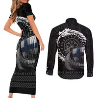 Finland Viking Drakkar Couples Matching Short Sleeve Bodycon Dress and Long Sleeve Button Shirt Viking Blood - Wonder Print Shop