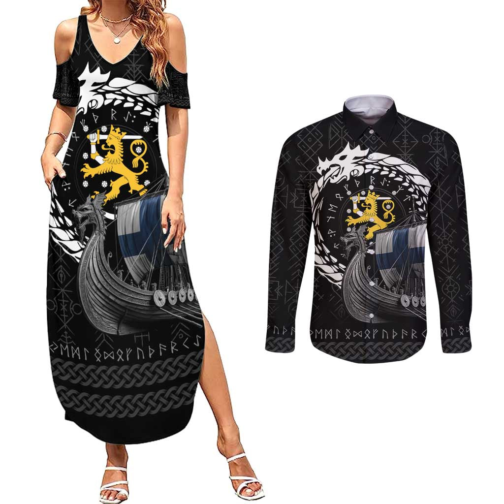 Finland Viking Drakkar Couples Matching Summer Maxi Dress and Long Sleeve Button Shirt Viking Blood - Wonder Print Shop