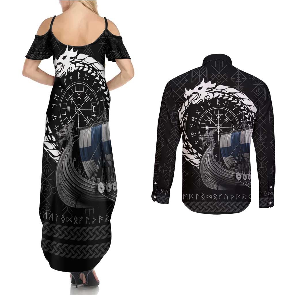 Finland Viking Drakkar Couples Matching Summer Maxi Dress and Long Sleeve Button Shirt Viking Blood - Wonder Print Shop