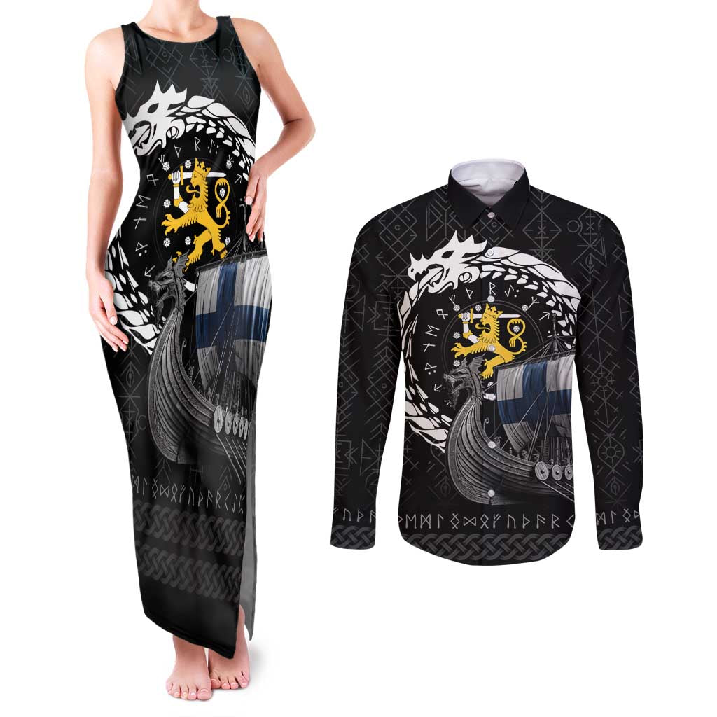 Finland Viking Drakkar Couples Matching Tank Maxi Dress and Long Sleeve Button Shirt Viking Blood - Wonder Print Shop