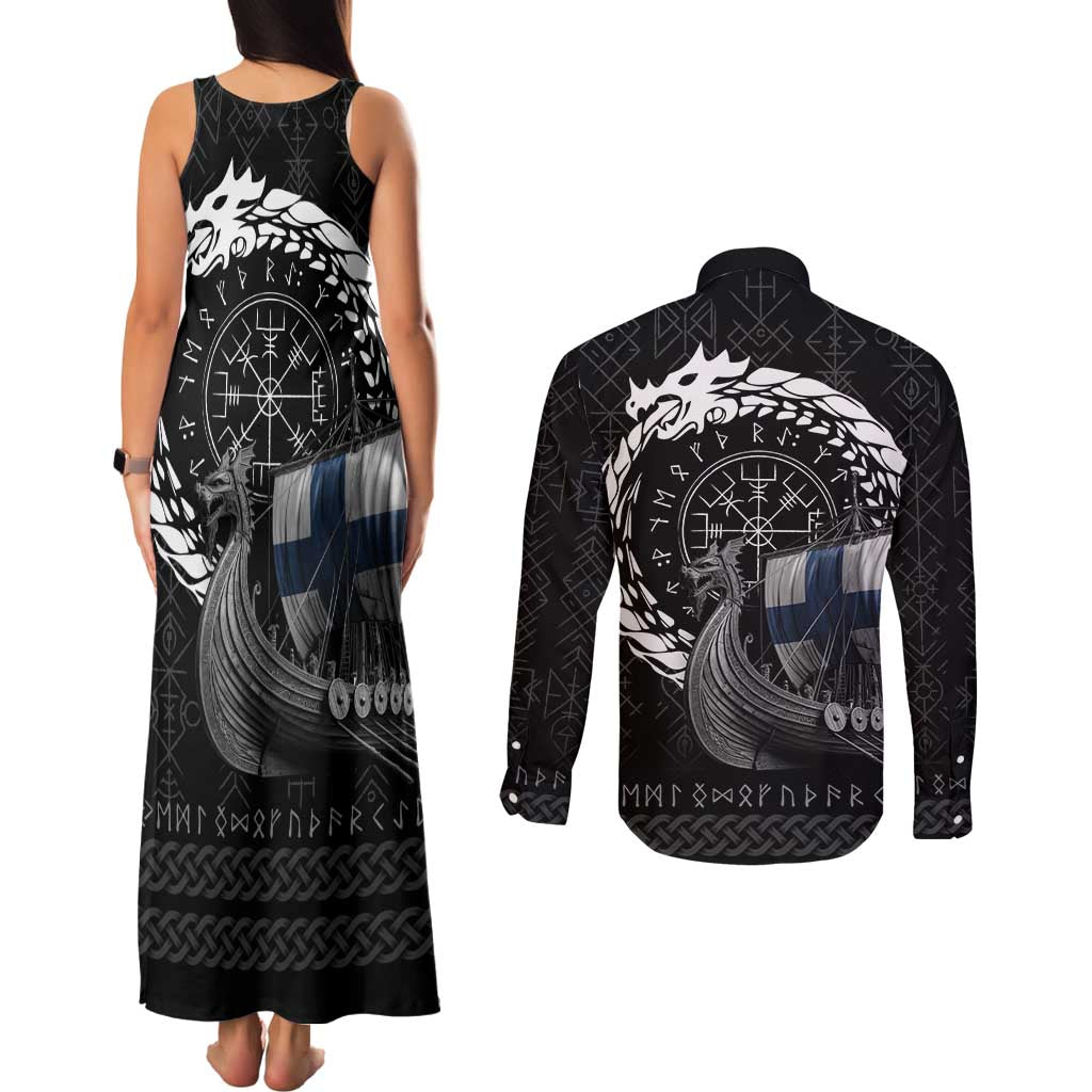 Finland Viking Drakkar Couples Matching Tank Maxi Dress and Long Sleeve Button Shirt Viking Blood - Wonder Print Shop