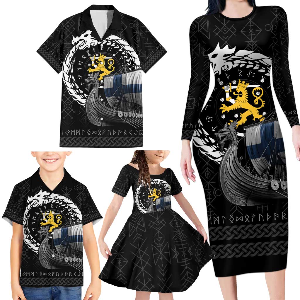 Finland Viking Drakkar Family Matching Long Sleeve Bodycon Dress and Hawaiian Shirt Viking Blood - Wonder Print Shop