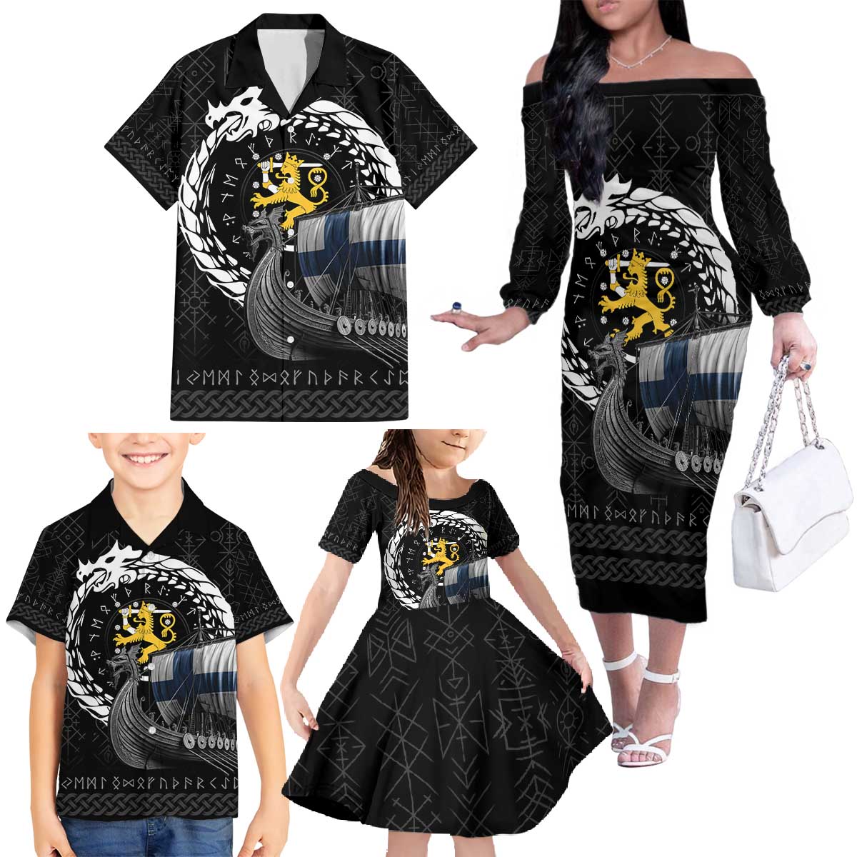 Finland Viking Drakkar Family Matching Off The Shoulder Long Sleeve Dress and Hawaiian Shirt Viking Blood - Wonder Print Shop
