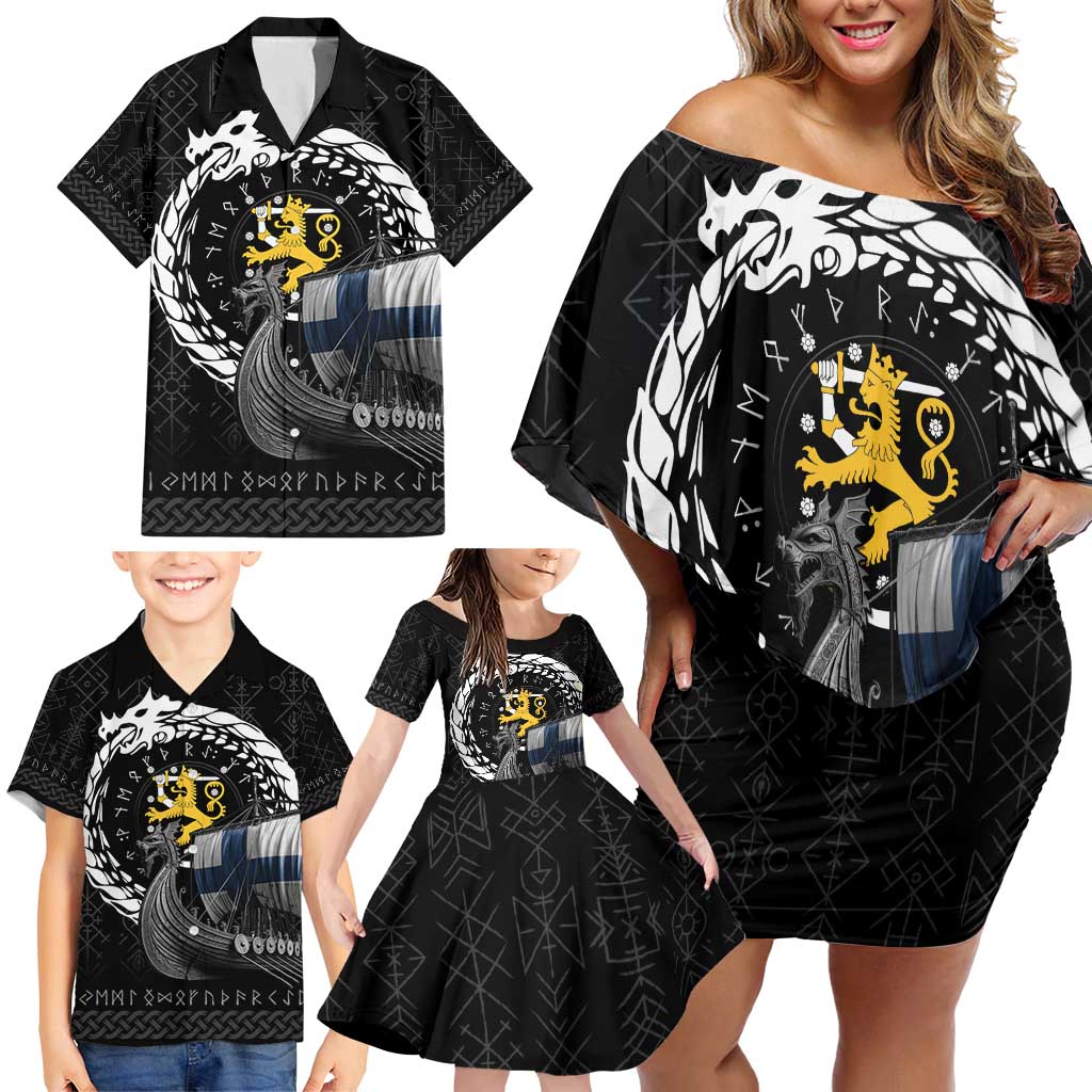 Finland Viking Drakkar Family Matching Off Shoulder Short Dress and Hawaiian Shirt Viking Blood - Wonder Print Shop