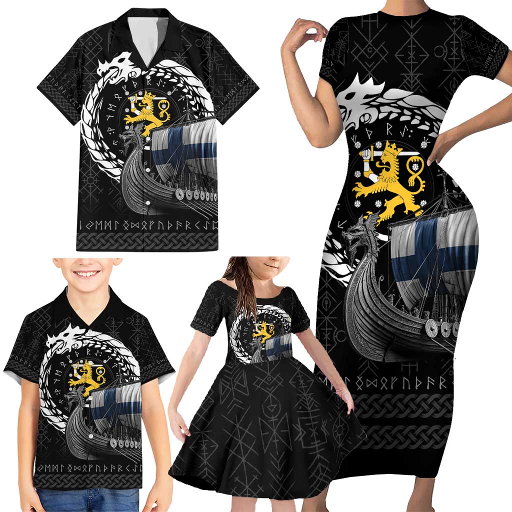 Finland Viking Drakkar Family Matching Short Sleeve Bodycon Dress and Hawaiian Shirt Viking Blood - Wonder Print Shop